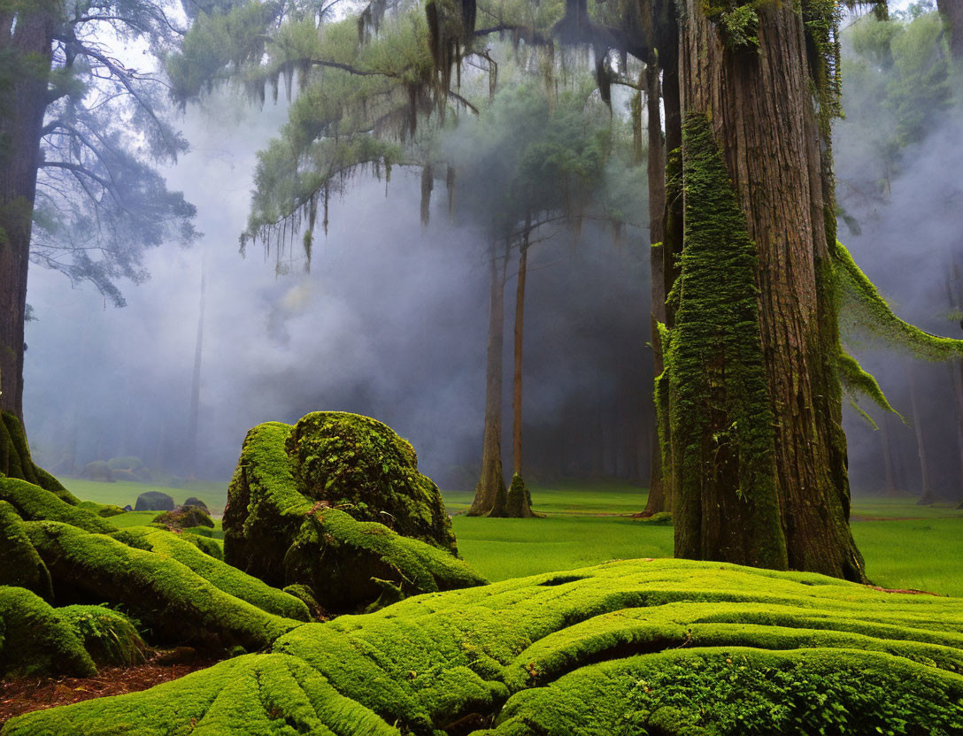 Lush Green Moss-Covered Forest with Mysterious Atmosphere