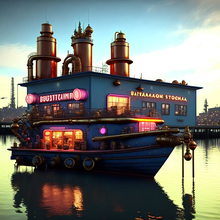 Architectural masterpiece: floating ship-like building at dusk.