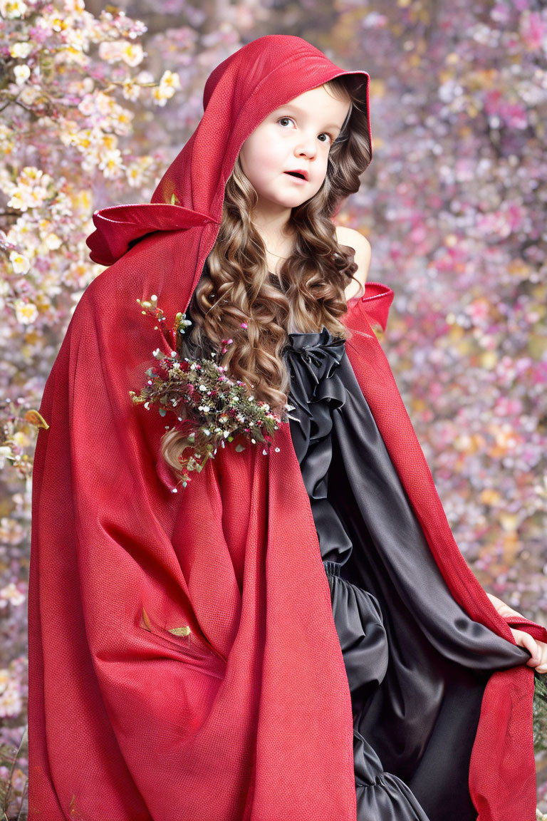 Young girl in Little Red Riding Hood costume among blooming trees