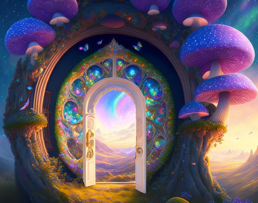 Illustration of ornate door opening to mystical mountain landscape.