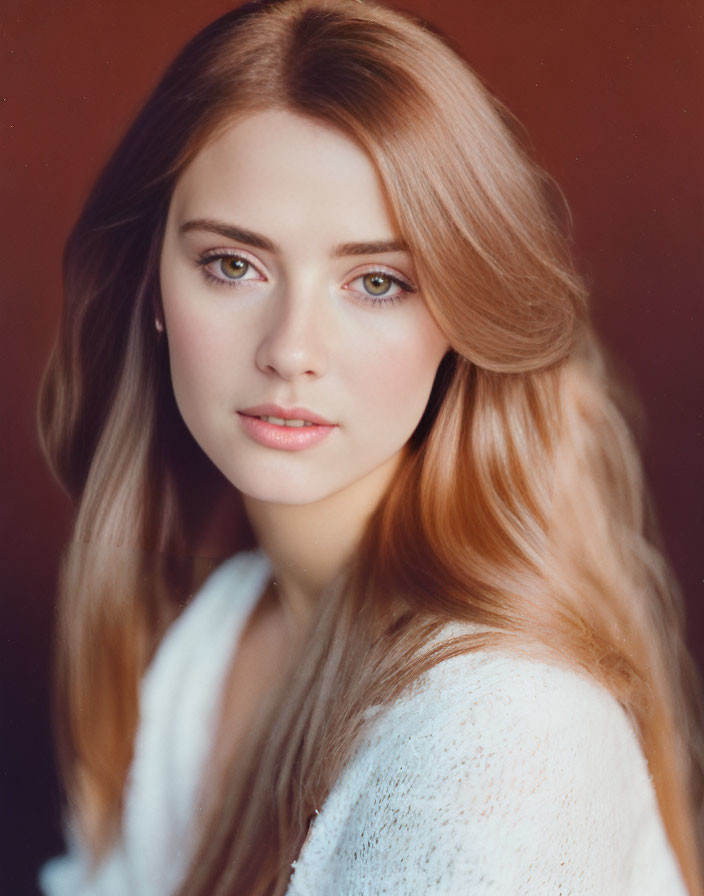 Blond Woman in White Knit Garment on Warm Background