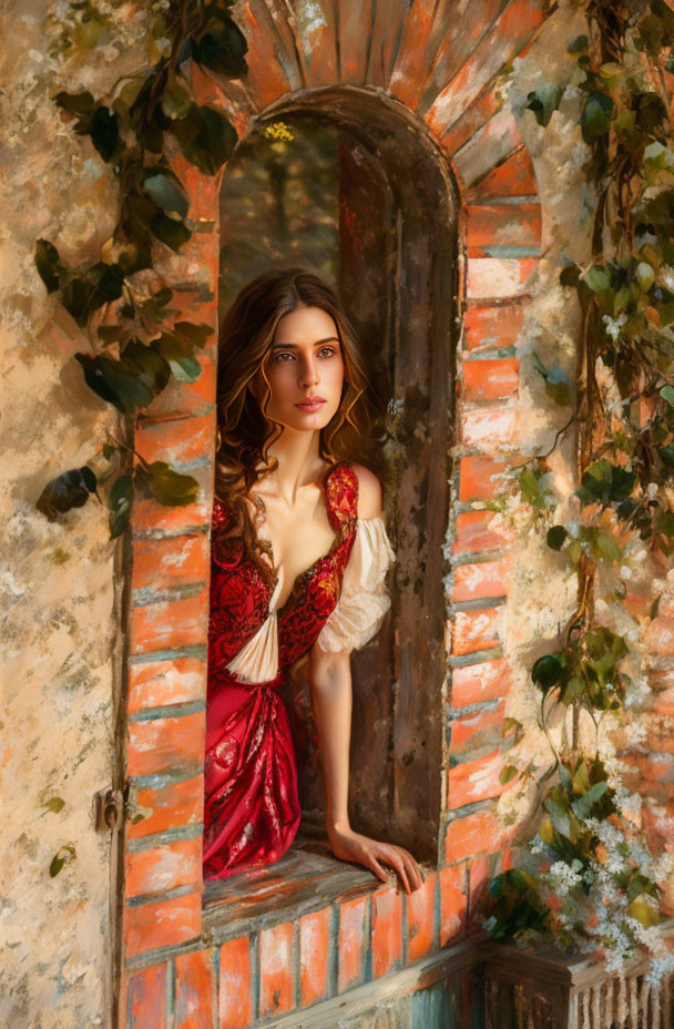 Woman in Red Dress Peeking from Arched Window