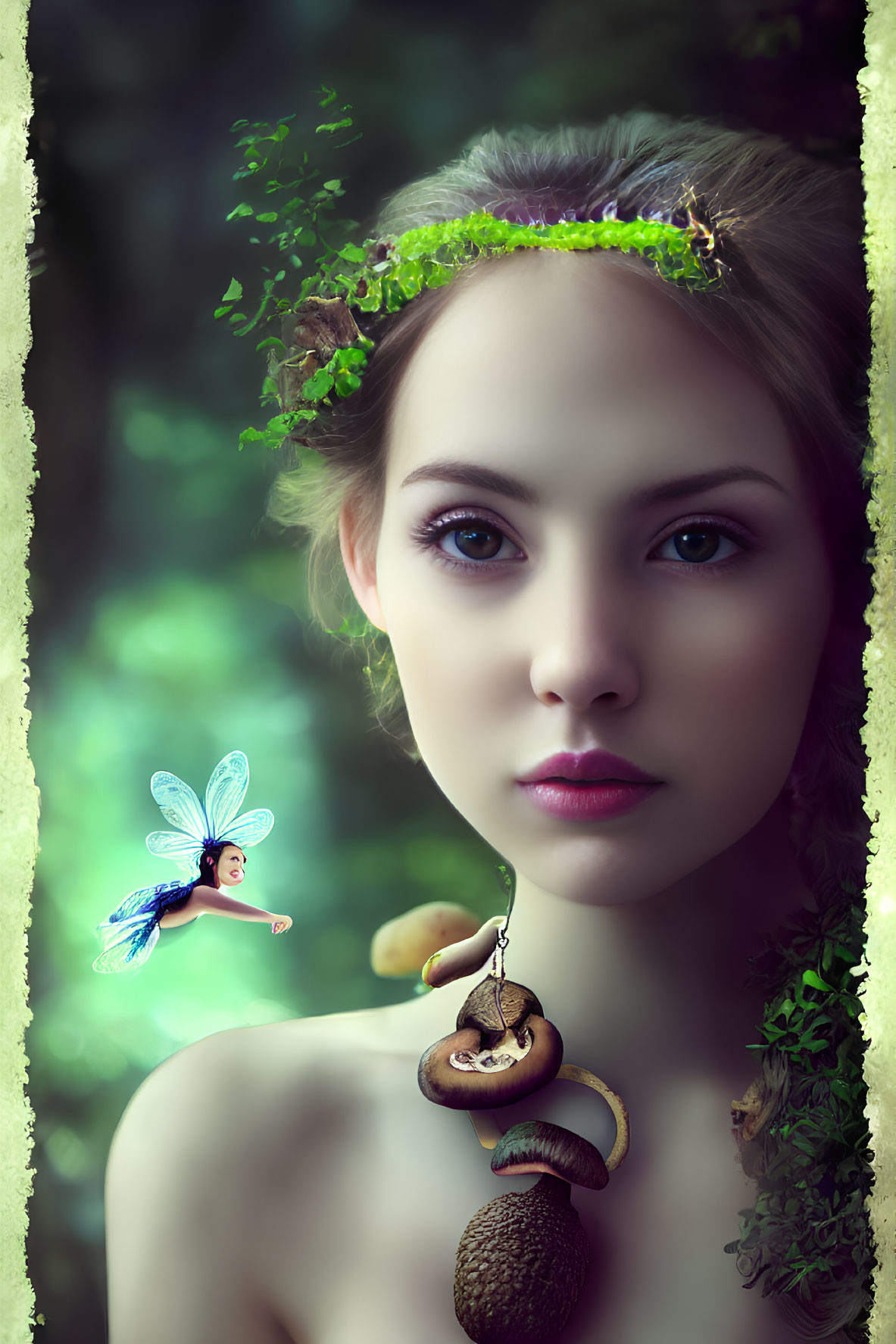 Young woman wearing nature-inspired accessories gazes at whimsical fairy in forest setting