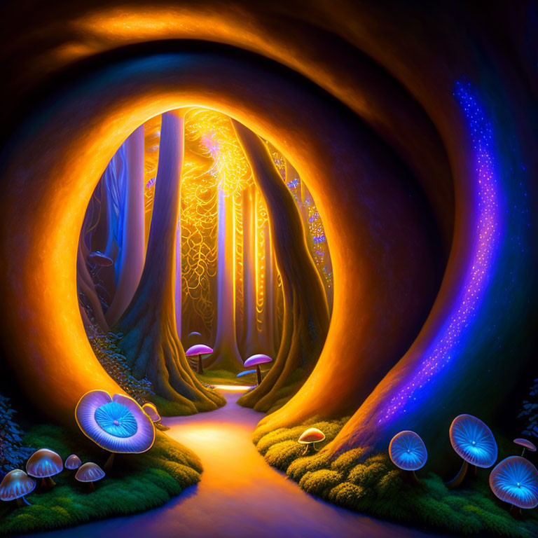 Enchanting forest path with luminous mushrooms and glowing trees