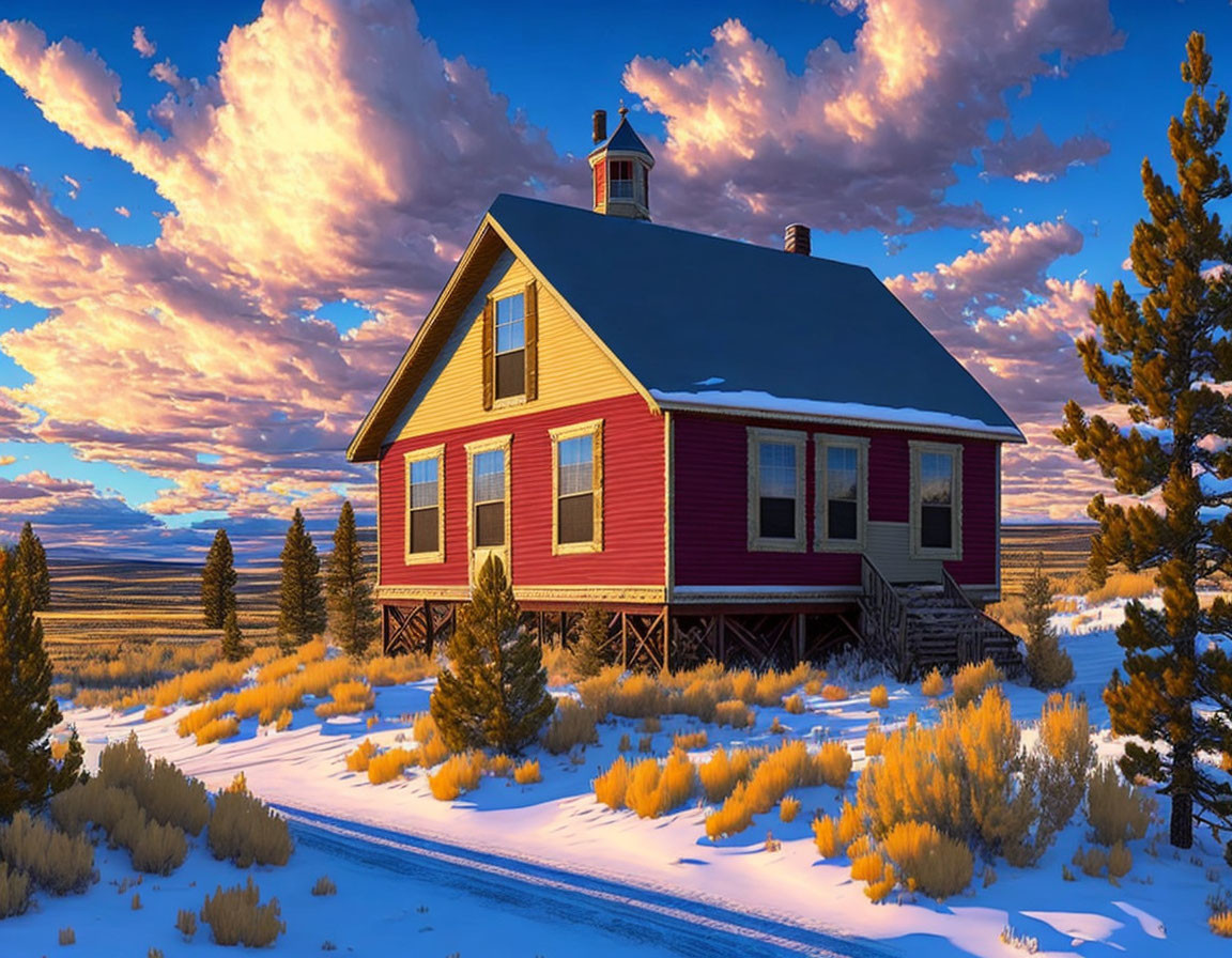 Red schoolhouse with bell tower in snowy landscape at sunset