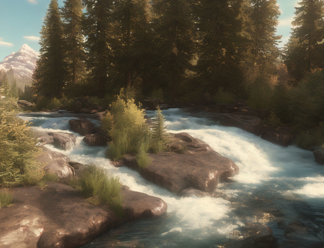 Tranquil mountain stream with pine trees and snow-capped peaks