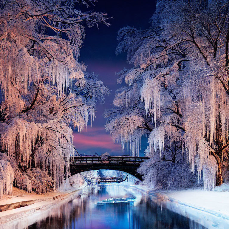 Snow-covered trees, icicles, frozen river, and twilight sky in winter scene