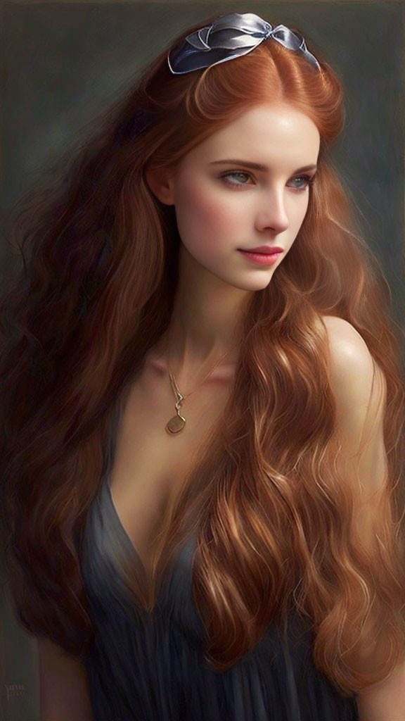 Portrait of woman with auburn hair, headband, and pendant necklace