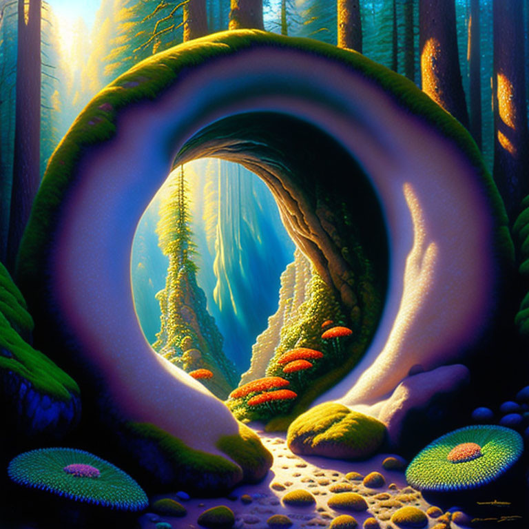 Enchanted forest scene with circular tunnel, sunlight, and vibrant mushrooms