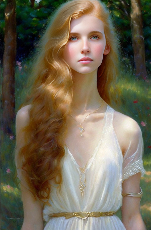 Golden-haired woman in white dress in sunlit forest clearing