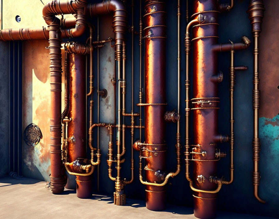 Weathered and rusty copper pipes with turquoise patina on a wall