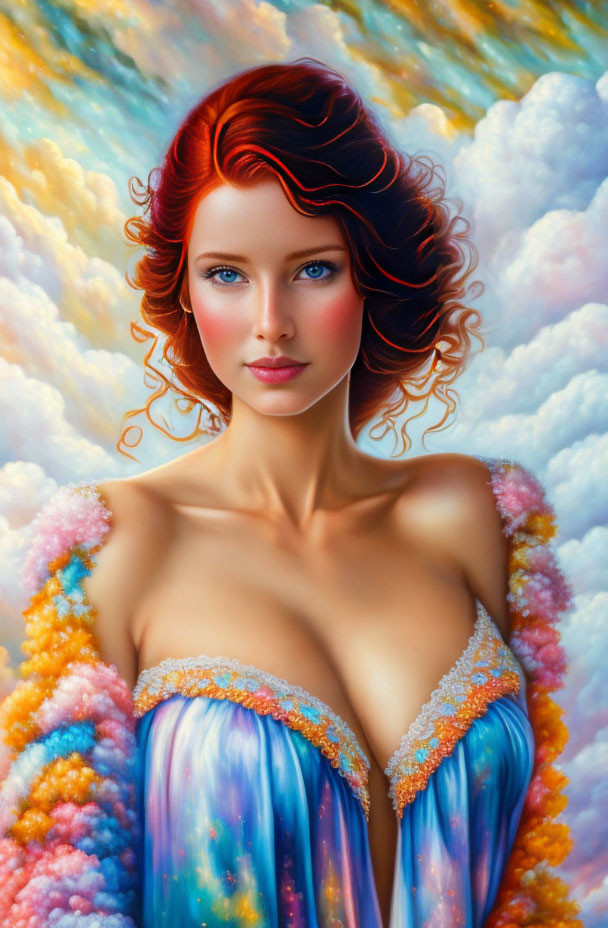 Red-haired woman in low-cut dress against colorful cloudscape