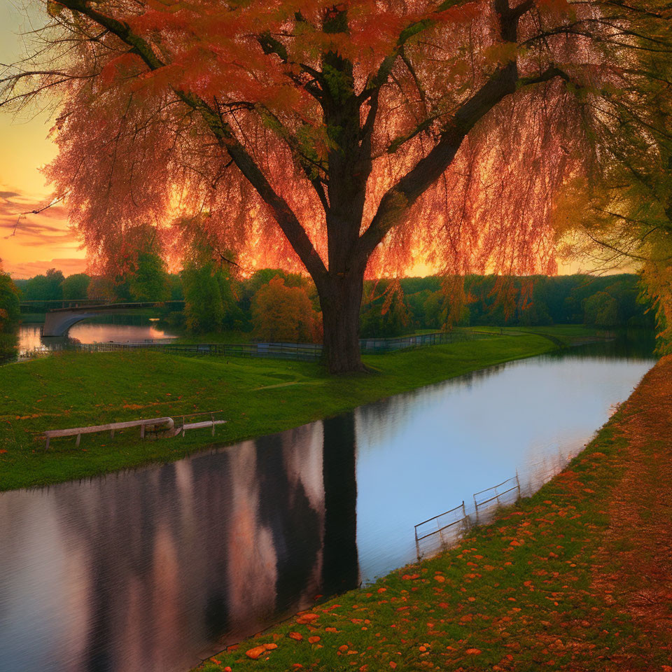 Majestic willow tree with autumn leaves by tranquil river at sunset