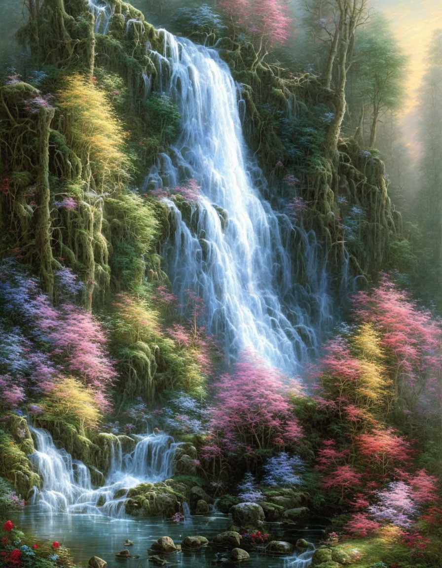 Cascading waterfall in lush greenery with pink flowering trees