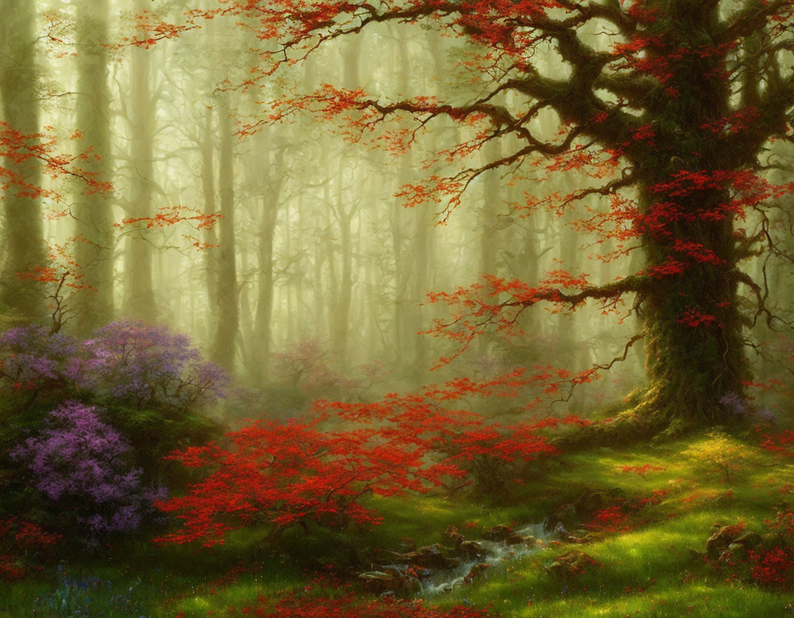 Enchanting forest scene with vibrant foliage and ancient trees