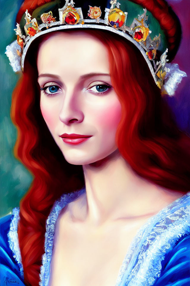 Red-haired woman in blue dress with crown: regal portrait of historical figure