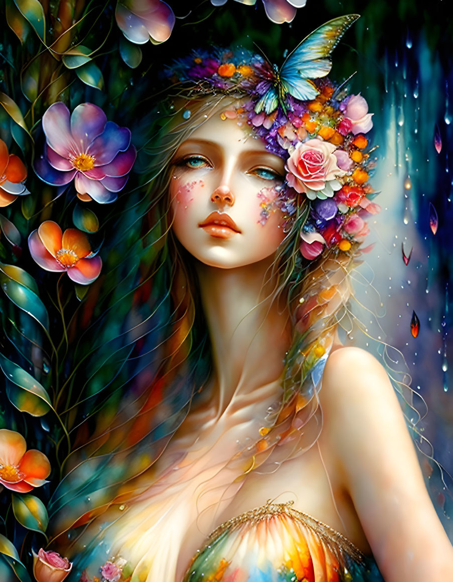 Fantasy-inspired image of a woman with floral adornments and butterfly in hair