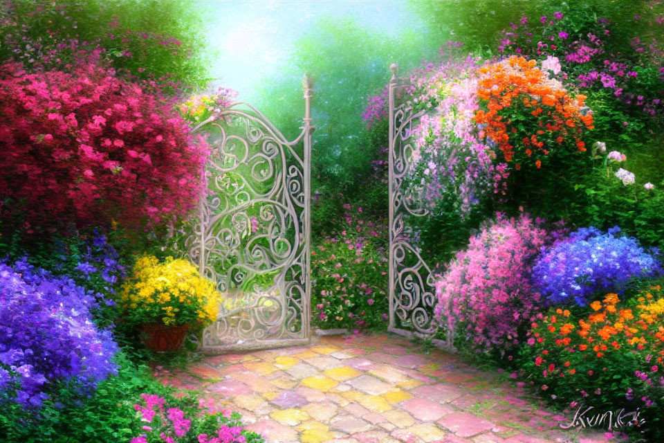 Ornate open gate to vibrant garden path lined with lush flowers