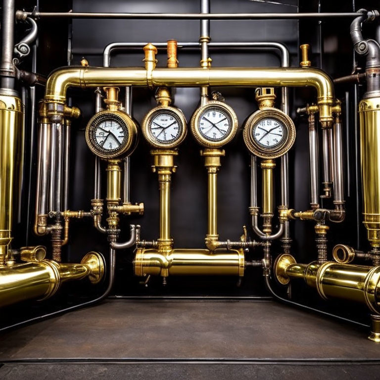 Brass piping with pressure gauges on black background - Industrial aesthetic and intricate craftsmanship