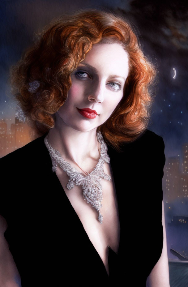 Curly Red-Haired Woman in Black Dress with City Skyline Background