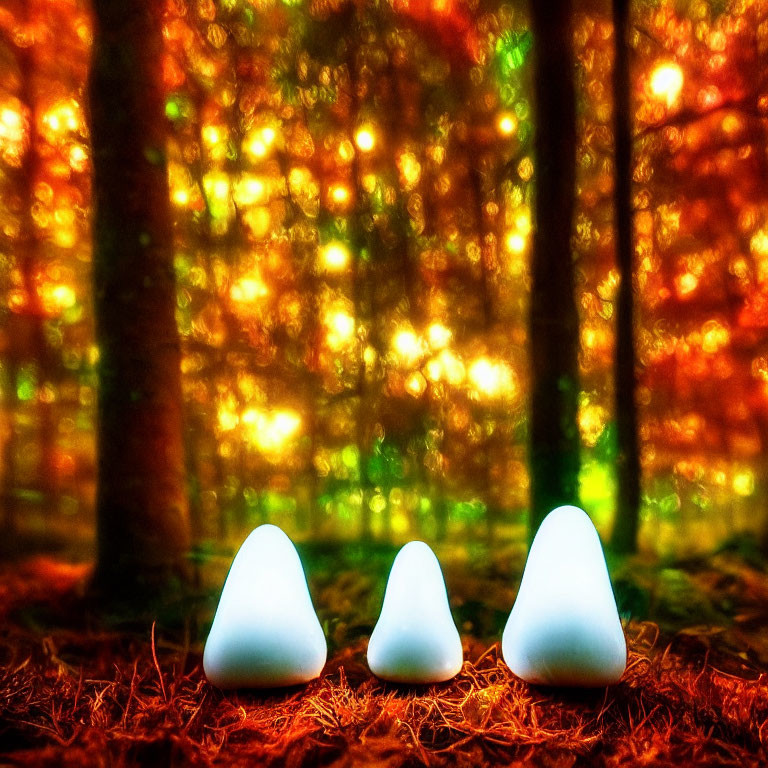 Glowing white shapes in forest with orange and yellow bokeh effects