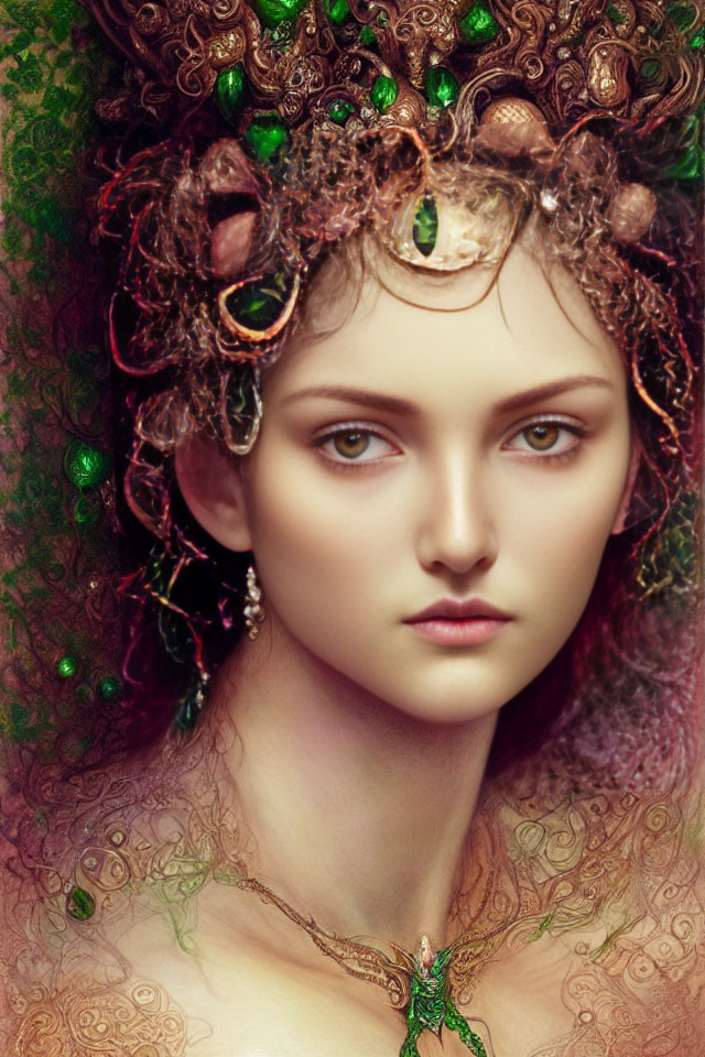 Intricate green gem crown on woman in autumnal setting