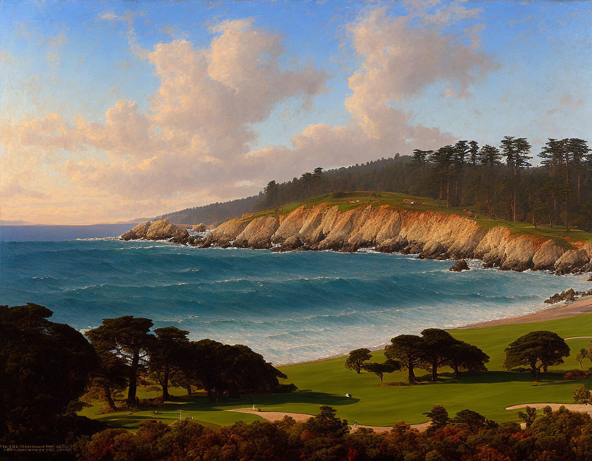 Tranquil coastal golf course with lush greenery, tall trees, rugged cliff, and calm sea