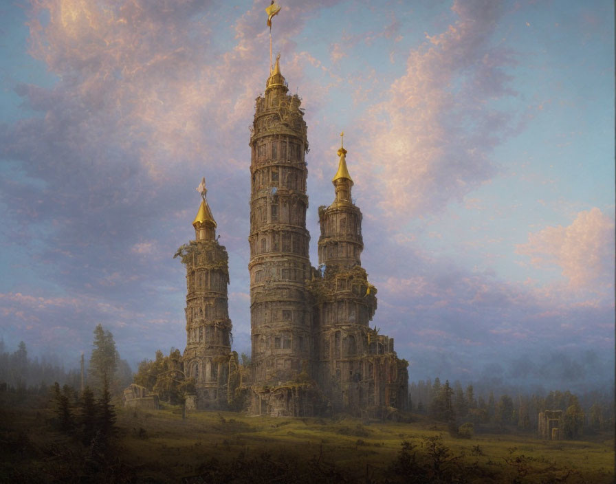 Towering Castle with Golden Spires in Misty Forest