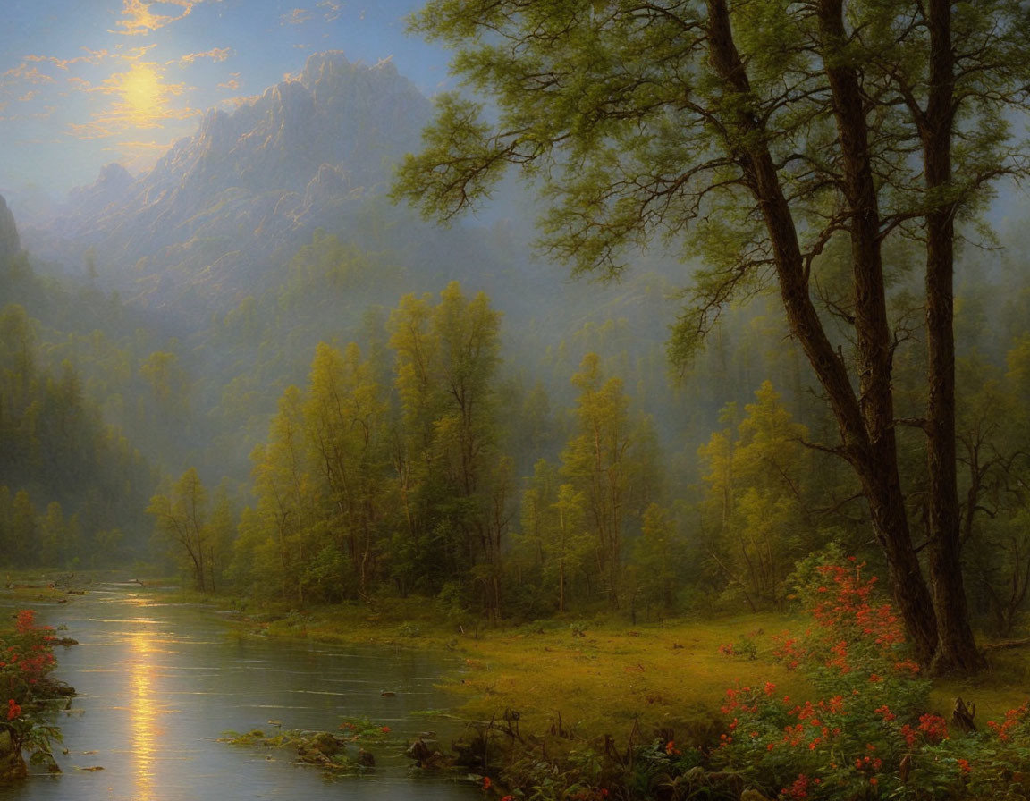 Tranquil river sunset with mountain backdrop and wildflowers