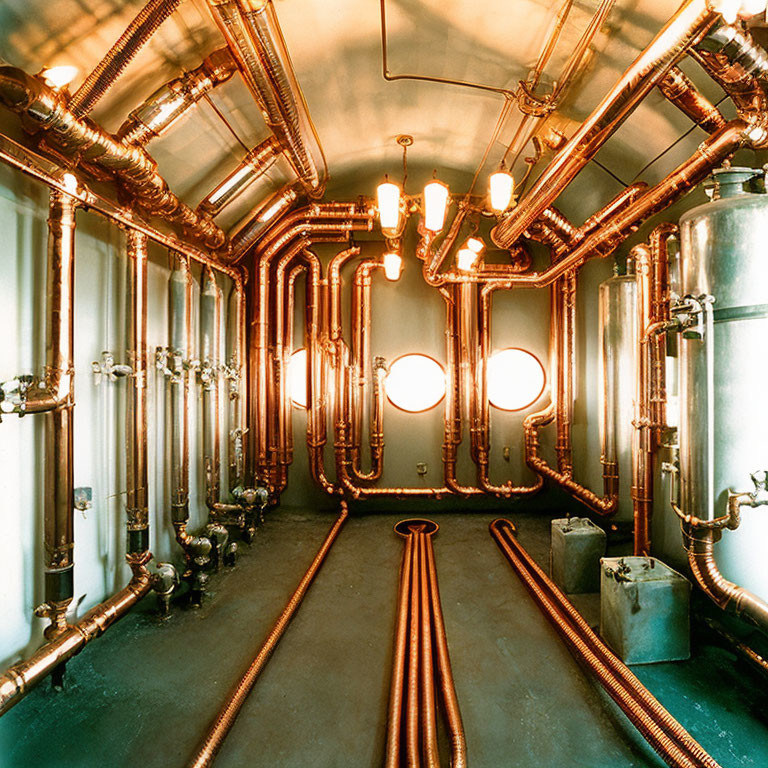 Industrial Room with Copper Pipes, Valves, and Round Hanging Lights