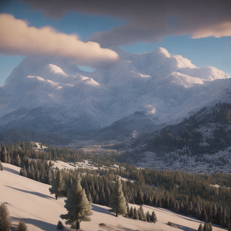 Snow-covered mountains, forest, and village in serene winter landscape