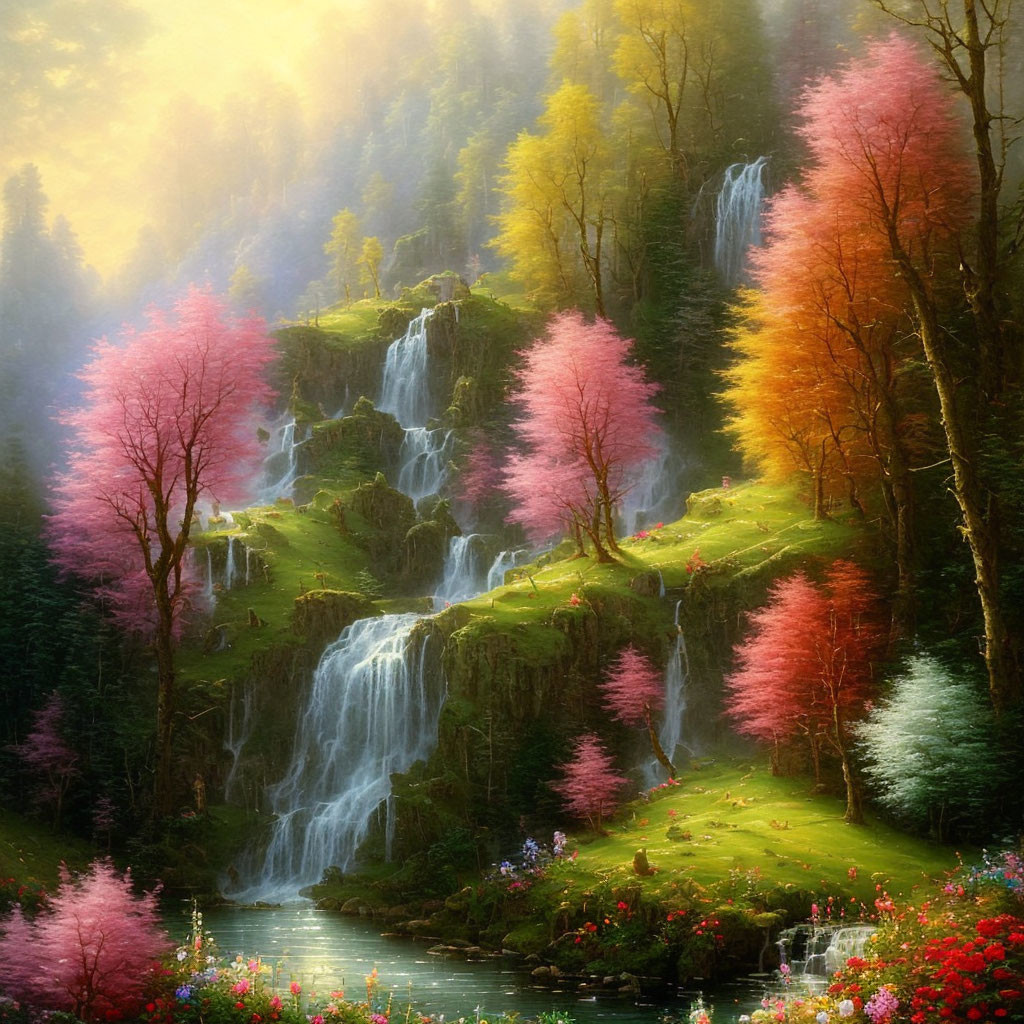 Enchanting forest scene with waterfall and pink trees