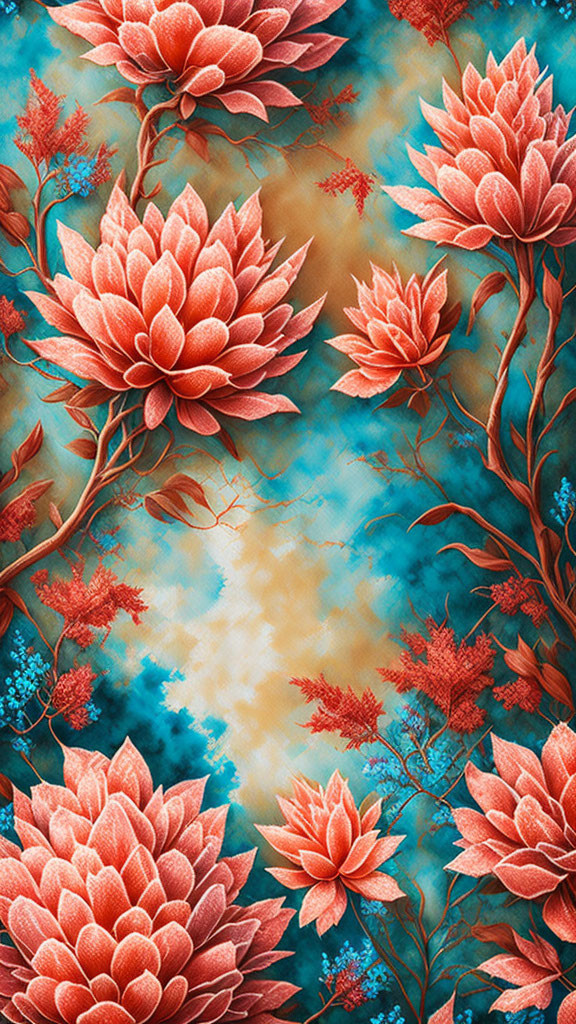 Stylized Pink Lotus Flower Wallpaper on Textured Turquoise Background