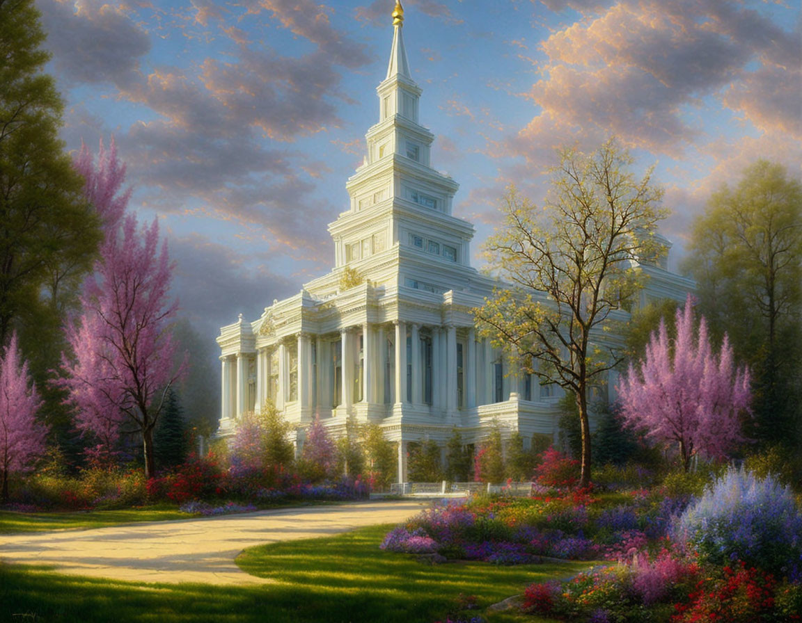 White temple with golden spire surrounded by blooming pink and purple trees