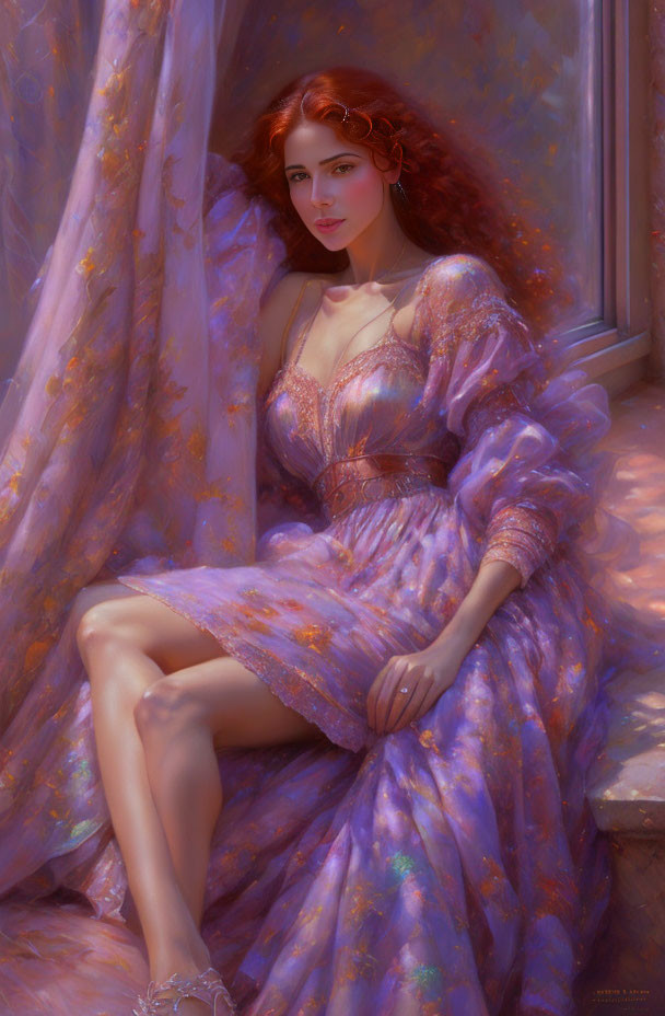 Red-haired woman in purple dress sitting elegantly by window in sunlight