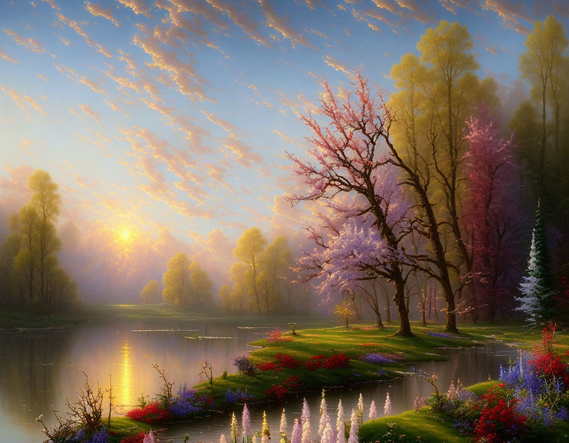 Tranquil lake at sunrise with golden light on flowering trees