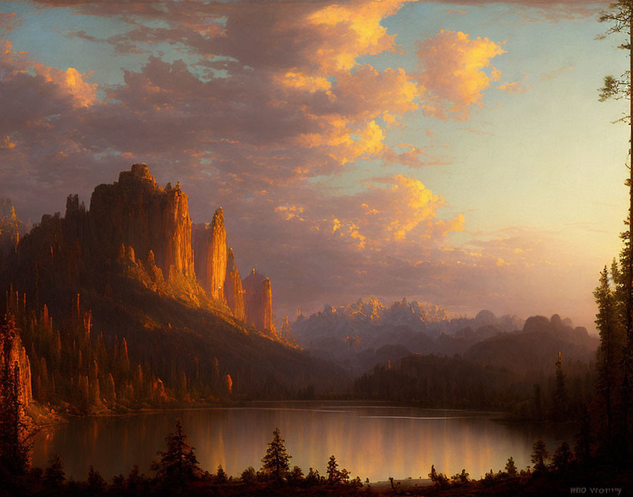 Tranquil lake with rocky spires, trees, and dramatic sunset sky