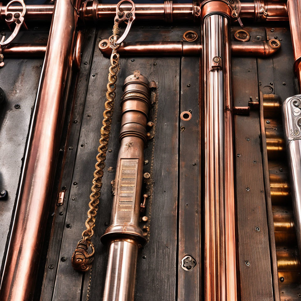 Polished copper pipes and chained metallic cylinder in steampunk design