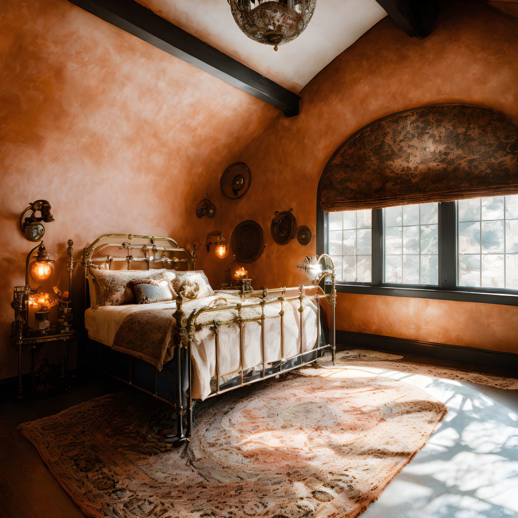 Vintage metal bed in cozy bedroom with warm orange walls and antique decor