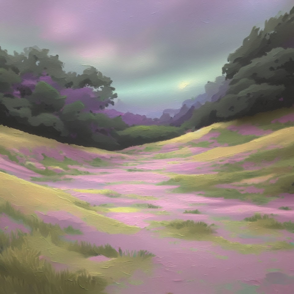 Pastel-colored landscape painting of blooming meadow and tranquil sky