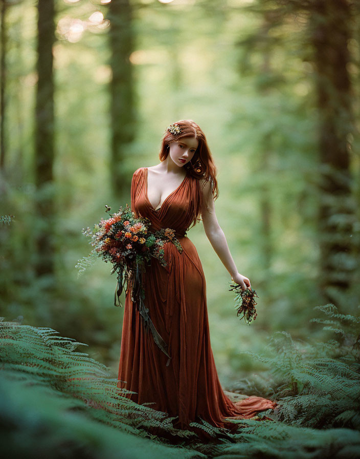 Woman in burnt orange dress with floral crown in forest scene