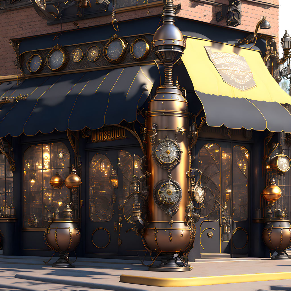 Steampunk-inspired storefront with clockwork pillar, brass details, and glowing lamps