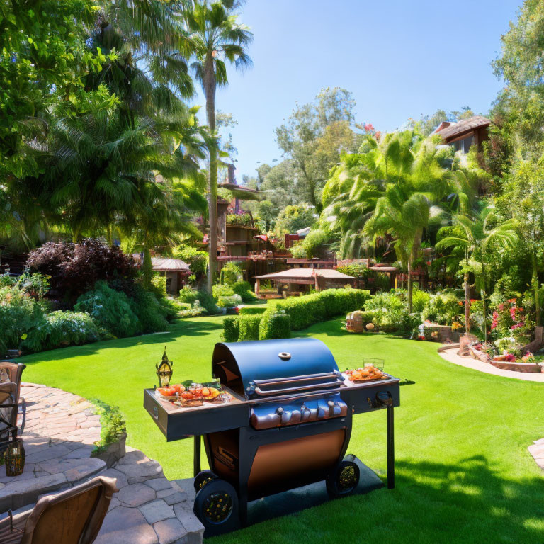 Vibrant garden with manicured lawn and outdoor grill in sunny yard