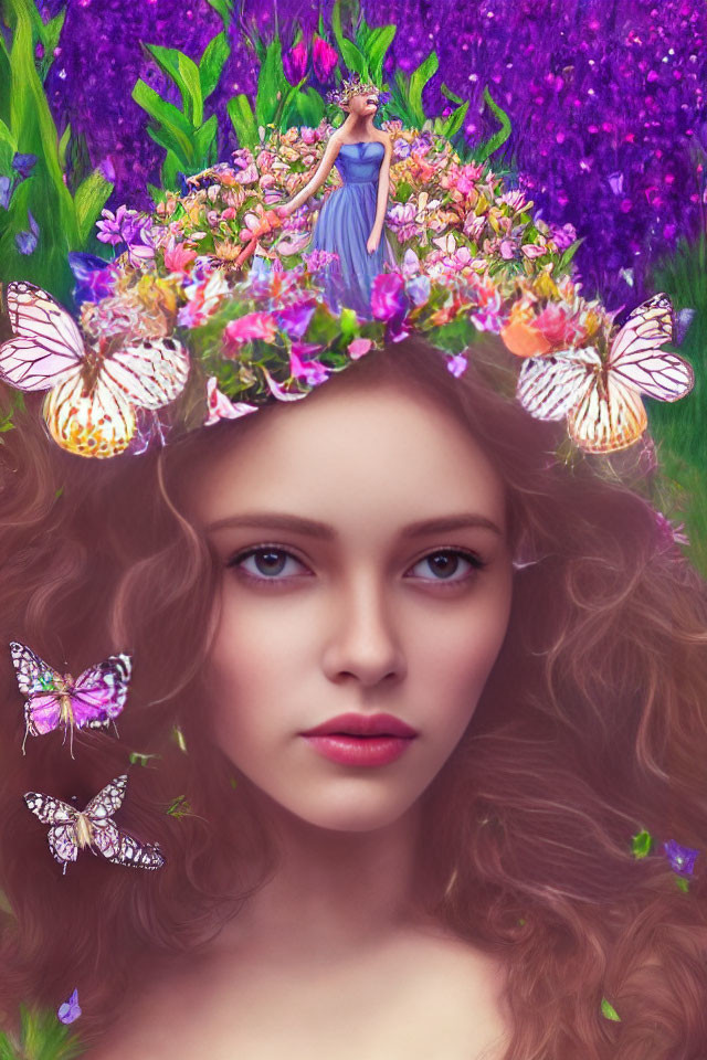 Woman with Curly Hair, Flower Crown, Purple Flowers, and Butterflies