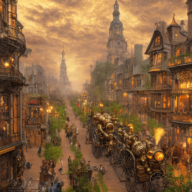 Victorian-era street scene with ornate buildings and steam-powered vehicles at dusk