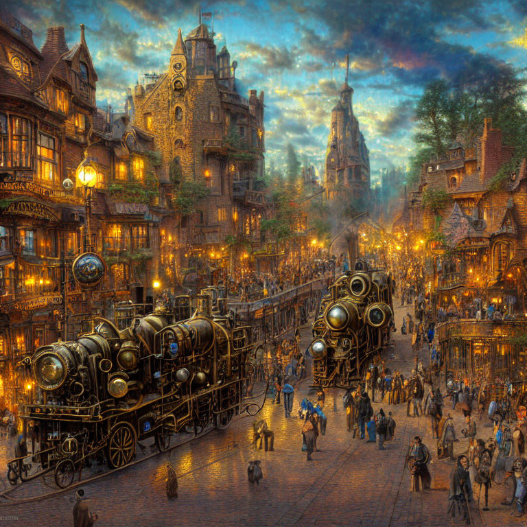 Steampunk cityscape at dusk with ornate buildings, steam train, and bustling streets