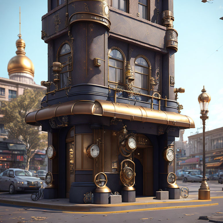 Steampunk-inspired building corner with bronze details, gears, clocks, vintage street lamps at dusk