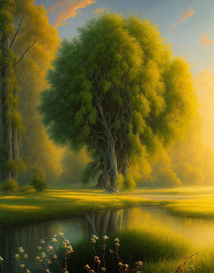 Tranquil river landscape with lush green tree