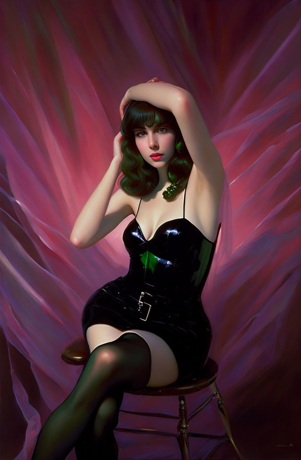 Stylized painting of woman in black dress with green necklace