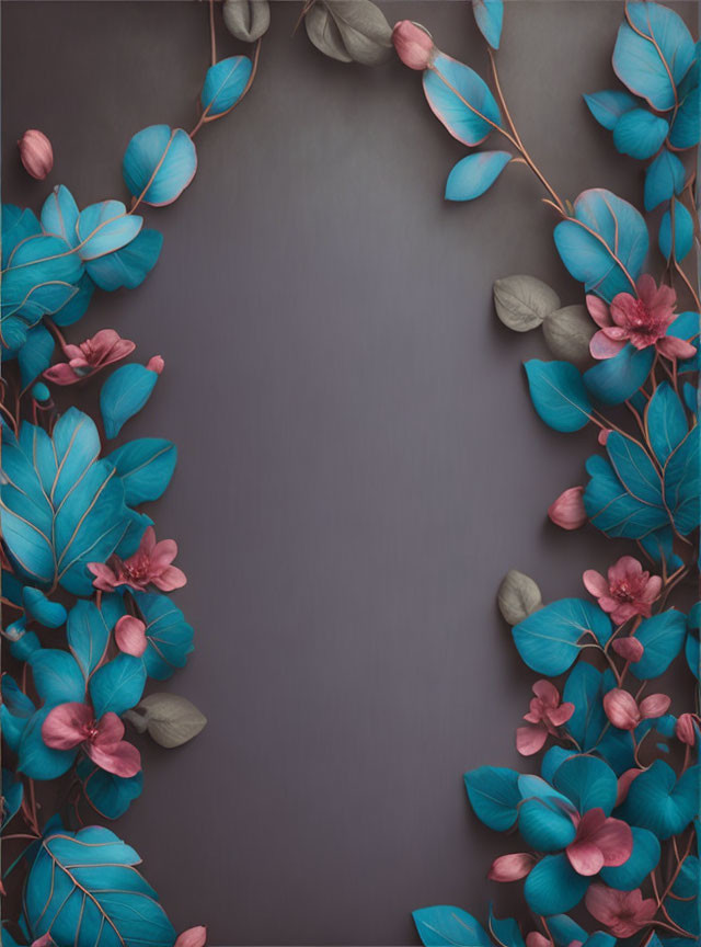 Teal and Pink Artificial Flower Frame on Gray Background